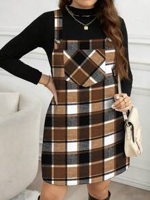 SHEIN LUNE Plus Size Women Casual Plaid Pocket Strap Dress, Suitable For Autumn/Winter Checkered Fall Autumn Pinafore Christmas New Year Party - Multicolor - View 4