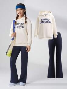 JNSQ Tween Girls 2pcs Set, Loose Crew Neck Graphic Letter Print Sweatshirt Top Paired With Slim Flare Pants, Suitable For Autumn, Winter Daily Wear, Outdoor Activities, Vacation, Streetwear, Party And Casual - Multicolor - View 5