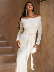 Opulessa Women's Elegant White Polka Dot Off-Shoulder Dress,Autumn Wedding Guest Outfit,Fashionable Christmas Party,Luxury Evening Graduation & New Year Look - Apricot - View 3