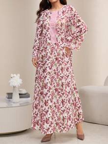 Al Najma Round Neck Floral Patchwork Solid Color Trim Printed Dress With Headscarf - Pink - View 3