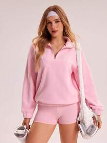 Sovereign Charm 女士秋冬毛绒泰迪绒宽松休闲运动套头衫外套，休闲版型多巴胺激活粉色网球夹克 - 粉色 - 查看 1