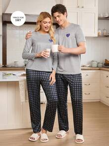 CoupledUp 2 件男士睡衣套装 - 灰色短袖心形印花 T 恤和格子裤 - 彩色 - 查看 5