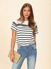 SHEIN LUNE 女式条纹拼布休闲圆领短袖 T 恤，春夏 - 白色 - 查看 5