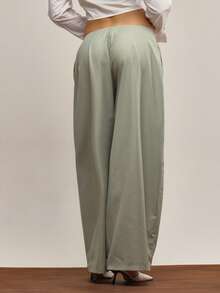 MUSERA 中腰修身褶裥阔腿裤，优雅秋冬圣诞夜外出工作可爱性感晚宴感恩节装扮 - 綠色 - 查看 4