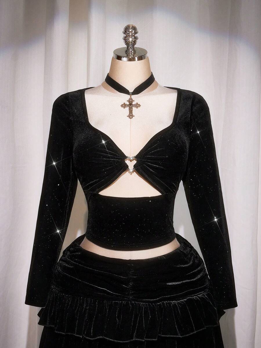 SHEIN ICON 加大码心形钻石装饰透明网眼拼接修身镂空长袖天鹅绒黑色 T 恤 - 黑色 - 查看 1