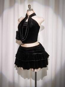 SHEIN ICON Áo hai dây cổ yếm nhung hở lưng cỡ lớn Y2k mùa xuân thu đi chơi Cottagecore thời trang Bohemian ngày lễ gợi cảm, thời trang đơn giản cho nữ, áo hai dây cổ yếm nhung hở lưng kiểu phương Tây cho nữ, áo rave, áo hai dây cổ yếm nhung dự tiệc - màu đen - Xem 5