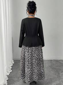 SHEIN Elenzya 女士优雅百搭黑色西装外套和豹纹中长裙两件套，适合日常通勤 - 彩色 - 查看 2