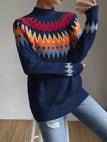 Celisse Geo Pattern Raglan Sleeve Sweater,Long Sleeve Tops Knit Pullover Fall Winter Outfit