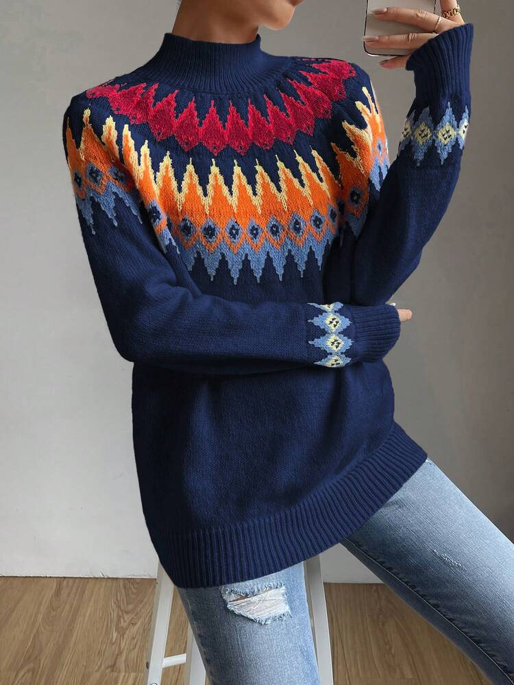 Geo Pattern Raglan Sleeve Sweater,Long Sleeve Tops Knit Pullover Fall Winter Sweater