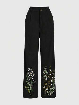 Fairycore Women's Pleated Wide Leg Loose Casual Green Plant Embroidered Pants