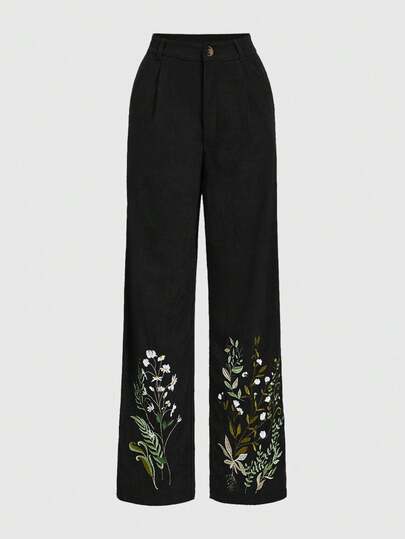 Fairycore Damen Plissee Weite Bein Lässige Grüne Pflanzen Bestickte Hose