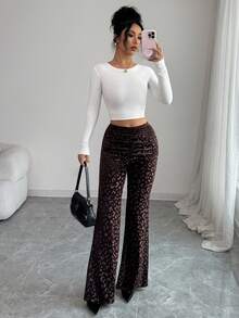 SHEIN Elenzya Women's Elegant French Style Casual Leopard Print Pleated Slim Fit Flare Pants, Suitable For 20-35+ Women For Daily, Office, Holiday, And Date Wear, Autumn/Winter