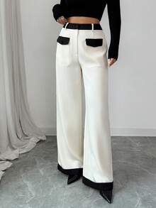 Elenzga New Fashionable & Elegant High-End Color Block Wide Leg Pants, Women Long Trousers - Multicolor - View 7