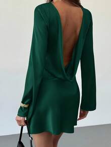 Aloruh Women's Solid Color Round Neck Open Back Long Sleeve Fashionable Mini Dress,Dresses For Women Elegant - Dark Green - View 5