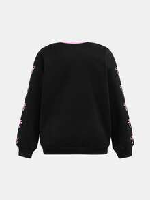 Girlism Conjunto informal de sudadera estampada de punto y pantalones para niña preadolescente - Negro - Ver 10