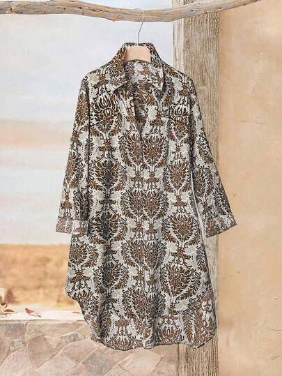 Rusticease Vintage Country Stil Lässig Hemdkleid mit Knopfleiste in Große Größen, geschwungener Saum, kurze Ärmel, geeignet für den Frühherbst