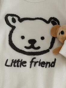 SHEIN 男婴华夫格圆领可爱动物及英文标语刺绣长袖连体衣，秋冬款 - 杏色 - 查看 8