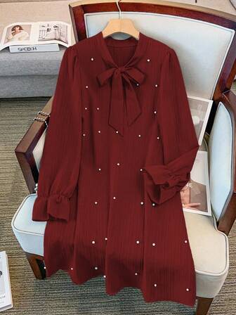 Regalyn Plus Size Elegant Commuter Dress With Pearl Decor Collar And Tie