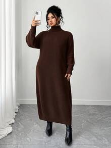 SHEIN CURVE+ 大码女式纯色休闲高领长袖针织毛衣裙，秋冬 - 咖啡棕 - 查看 1