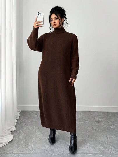 SHEIN CURVE+ Plus Size Women's Solid Color Casual Turtleneck Long Sleeve Knit Sweater Dress, Autumn/Winter