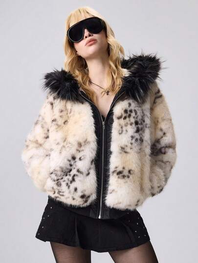 EDITION Women's Y2K Retro Subculture Colorblock Leopard Faux Fur Hoodie Oversized Basic Jacket