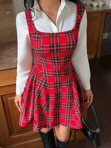 Serisse 女士格子印花方领休闲无袖连衣裙 - 彩色 - 查看 5