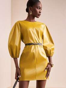 Zivah 2025秋冬系列圆领七分袖喇叭袖修身PU皮革后背金属拉链都市简约风，适合派对、通勤、约会、度假晚宴、街头风等场合，柠檬黄女士迷你连衣裙