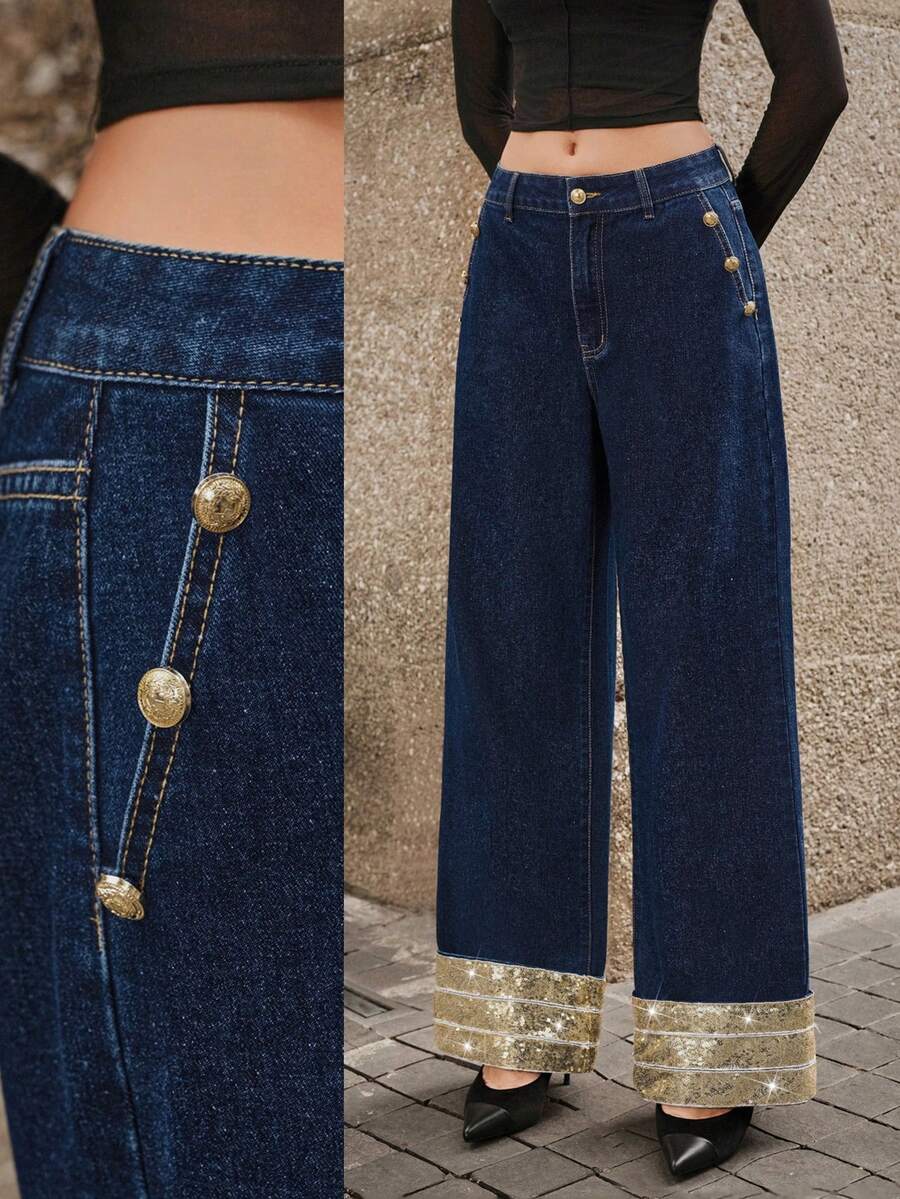 SHEIN LUNE Women's Casual Straight Leg Zipper Fly Jeans - Dark Wash - View 1