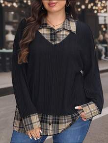 SHEIN LUNE 大码女式休闲/工作通勤罗纹针织格子拼接二合一上衣，春秋季 - 彩色 - 查看 4