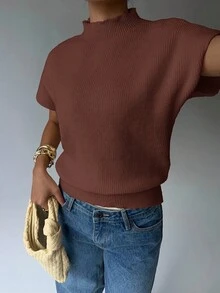 Aloruh Women's Solid Color Mandarin Collar Batwing Short Sleeve Casual Knit Top, Autumn/Winter - Brown - View 3