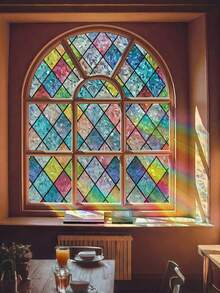 1 Roll Retro Diamond Window Decorative Film, Rainbow Grid Static Cling Privacy Film, Non-Adhesive UV Blocking, For Home Decor, Size 17.7 X 118 Inch - 彩色 - 查看 11