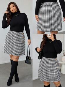 Firerie Plus Size Elegant Professional Commute Office Metal Buckle Decoration Skirt, Comfortable & Casual, Autumn/Winter - Multicolor - View 1