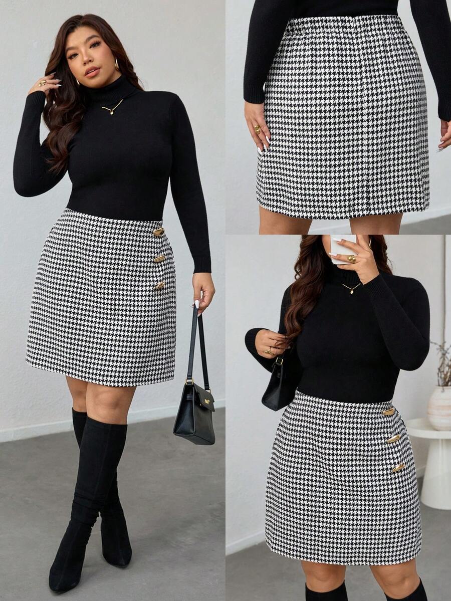 Firerie Plus Size Elegant Professional Commute Office Metal Buckle Decoration Skirt, Comfortable & Casual, Autumn/Winter - Multicolor - View 1