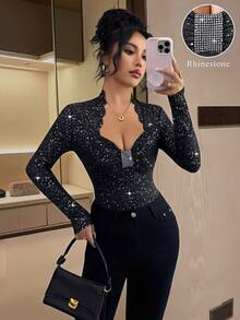 SHEIN Elenzya 女士优雅派对聚光灯水钻花朵贝壳领修身长袖 T 恤 - 黑色 - 查看 5