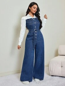 SHEIN Tall 女长袖单排扣口袋设计休闲阔腿牛仔连体裤秋冬牛仔蓝白拼接优雅休闲百搭连体裤 - 深色水洗藍 - 查看 7