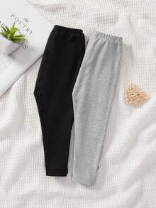 SHEIN 2pcs Baby Girl Casual Knit Letter Pattern Elastic Waist Pants - Multicolor - View 2