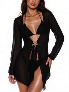 Swim Basics Women's Summer Plain Color 3/4 Sleeve Beach Vacation Cover Up Kimono Coverup - Black - View 3