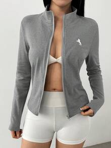 Flirla 1 件女式灰色羊毛夹克，带小马标志印花，修身立领夹克，适合日常、通勤、休闲装、秋冬 - 灰色 - 查看 5