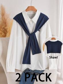 CosyJoli Camicie casual oversize per donna, set di camicie con bottoni e scialle, stile "old money", abbigliamento casual da donna, top da donna per autunno e inverno, set di due pezzi per uscire, completi da donna in due pezzi - Bianco - Visualizzare 4