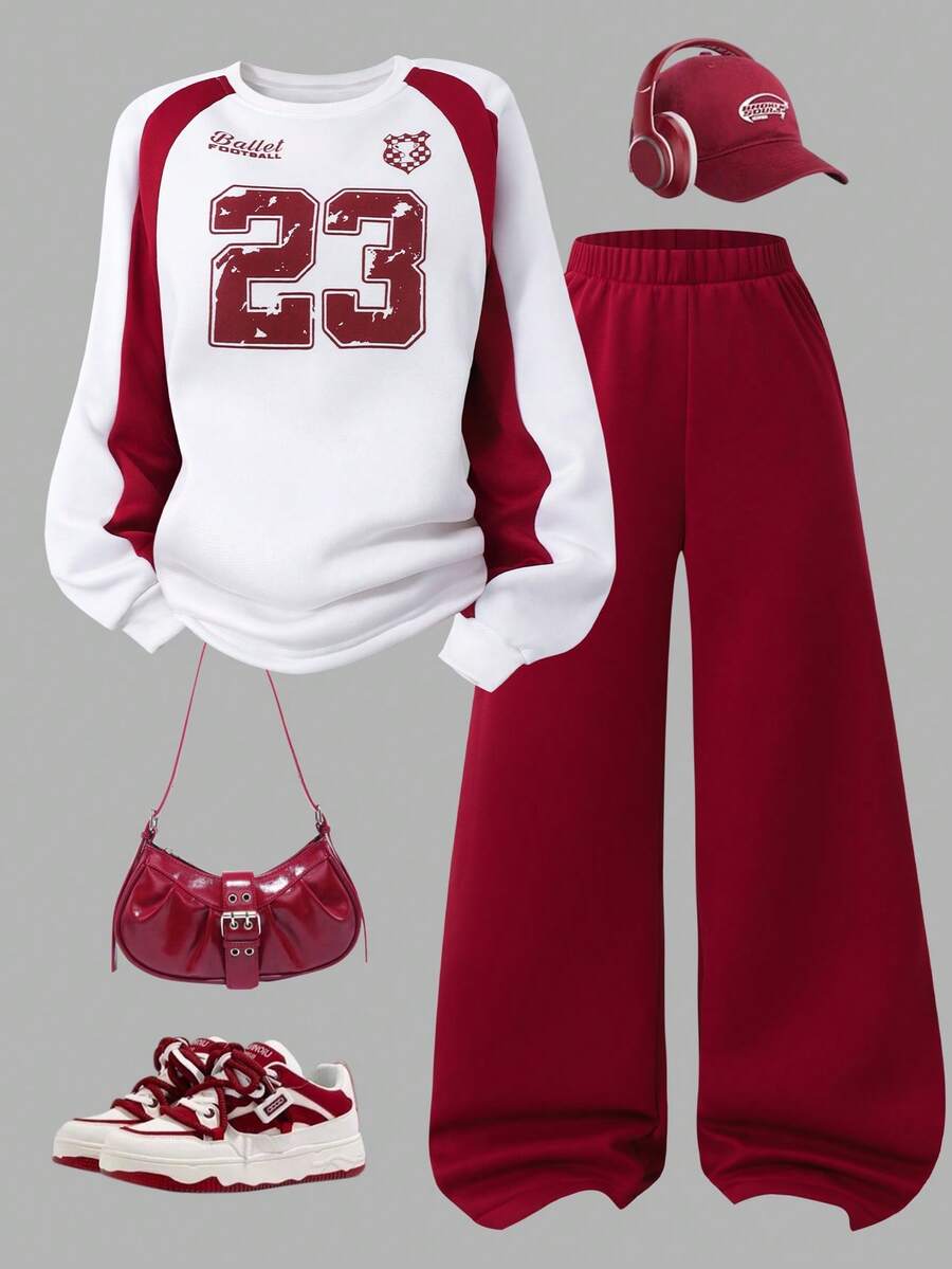 Sparklyn 2pcs/Set Teenage Girls' Sporty Casual Outfit, Colorblock Round Neck Long Sleeve Letter Print Sweatshirt And Wide Leg Pants