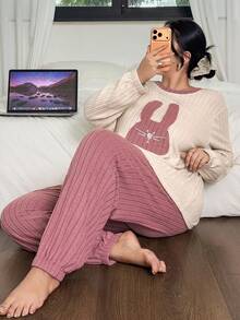 SHEIN Plus Size Fluffy Pajama Set, Knitted Ribbed Fleece Rabbit Embroidered Long Sleeve Top And Pants, Cozy Winter Clothes - Pink - View 5