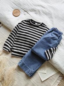 Vintaside Kids 2pcs/Set Girls Striped Sweatshirt & Soft Denim Pants Outfit, Countryside Style, Suitable For Spring, Autumn & Winter - Black and White - View 1