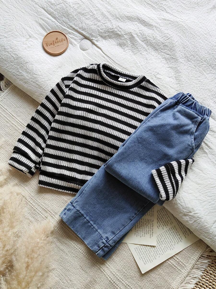 Vintaside Kids 2pcs/Set Girls Striped Sweatshirt & Soft Denim Pants Outfit, Countryside Style, Suitable For Spring, Autumn & Winter - Black and White - View 1