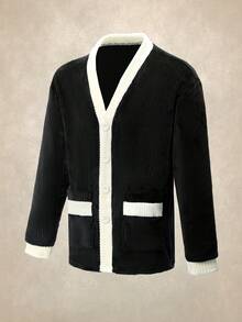 EverLounge Men's Casual Contrast Trim Button Front Top And Pants Fluffy Loungewear Set, Autumn/Winter, Cozy Clothes