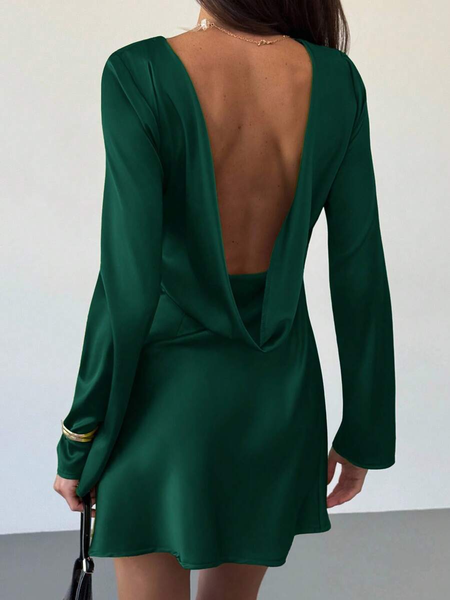 Aloruh Women's Solid Color Round Neck Open Back Long Sleeve Fashionable Mini Dress,Dresses For Women Elegant - Dark Green - View 1