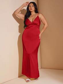 SHEIN BAE 大码纯色修身优雅露背吊带背心连衣裙 - 紅色 - 查看 5