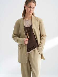 Airaco Traje de blazer y pantalones de un solo abotonado de unicolor para mujeres, para uso diario en otoño - Caqui - Ver 3