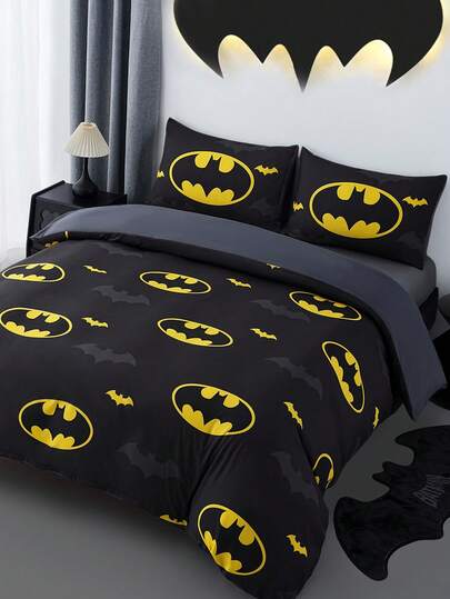 BATMAN X SHEIN 3pcs Black All-Over Bat Print Duvet Cover Set, Brushed Material, Soft And Warm, Multiple Sizes, Suitable For Single/Double/Queen/King Size Beds