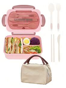 1个成人便当盒，1200毫升午餐盒，防漏午餐盒，带餐具，三格午餐盒，粉色/蓝色/卡其色/绿色圣诞礼物