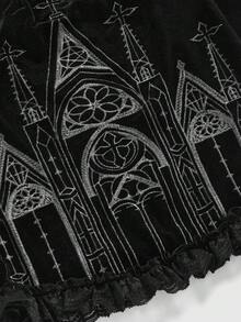 ROMWE Top à manches évasées avec col carré en velours, patchwork et dentelle, style gothique vintage d'Halloween pour femmes